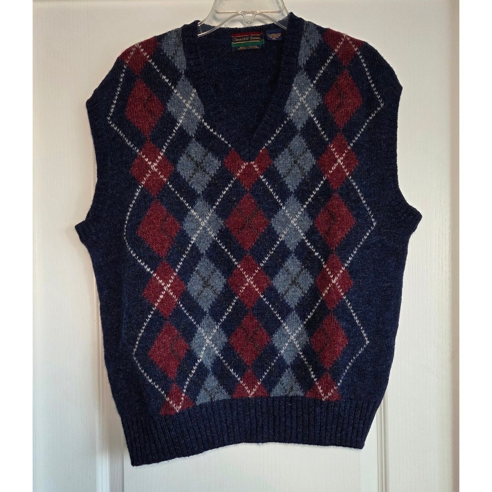 VTG Churchill Downs Wool Argyle Vneck Sweater Vest England Mens Sz XL Preppy